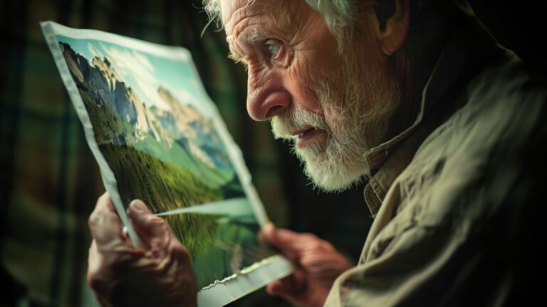 A grizzled older man looking at a photograph of a beautiful landscape. He is moved emotionally by the image.