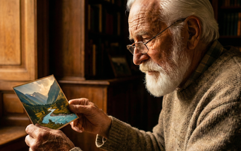 A close-up, side-profile portrait of an elderly man with a well-groomed white beard and glasses, lit by dramatic, window-like light from the left. He is holding a vibrant, colorful photograph of a lush green valley and mountains, studying it with deep focus. The background is a dimly lit, out-of-focus interior with warm wood tones, creating a moody and contemplative atmosphere.