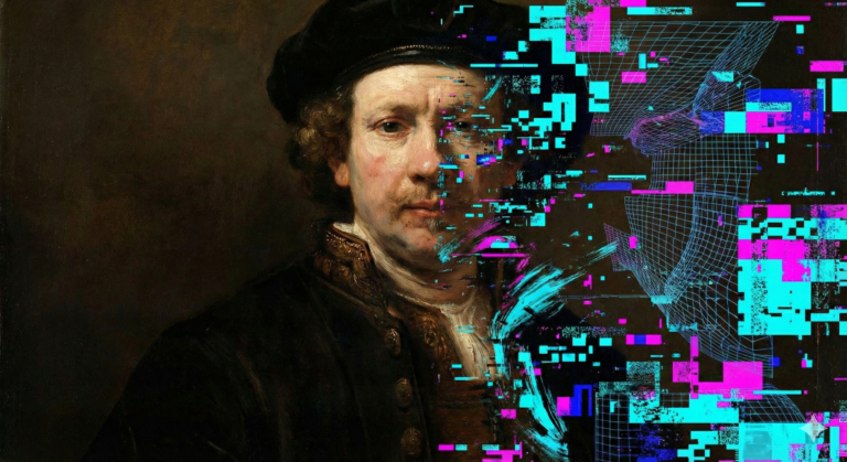 A conceptual illustration showing a classical oil painting portrait merging with abstract AI-generated digital glitches and a wireframe mesh.